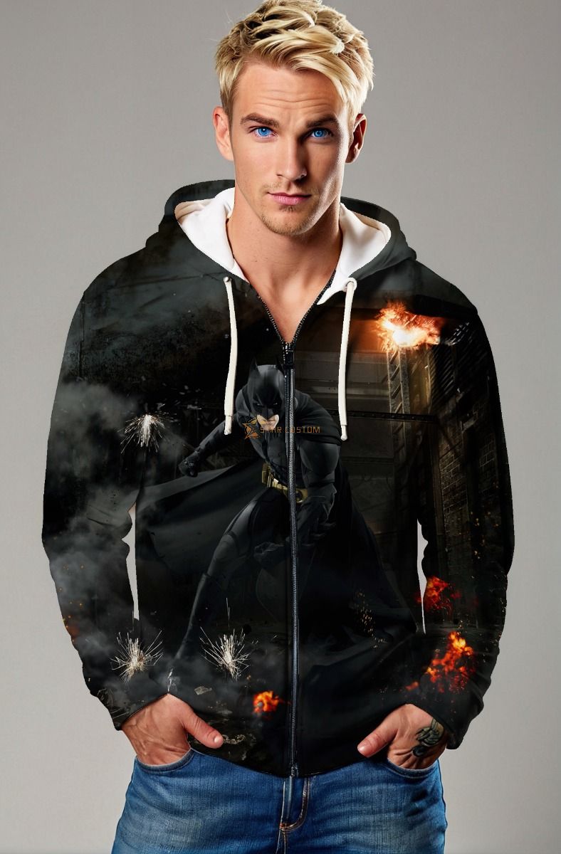 Black Batman Explosive Scene Zip‑Up Hoodie – Versatile Gotham Actionwear