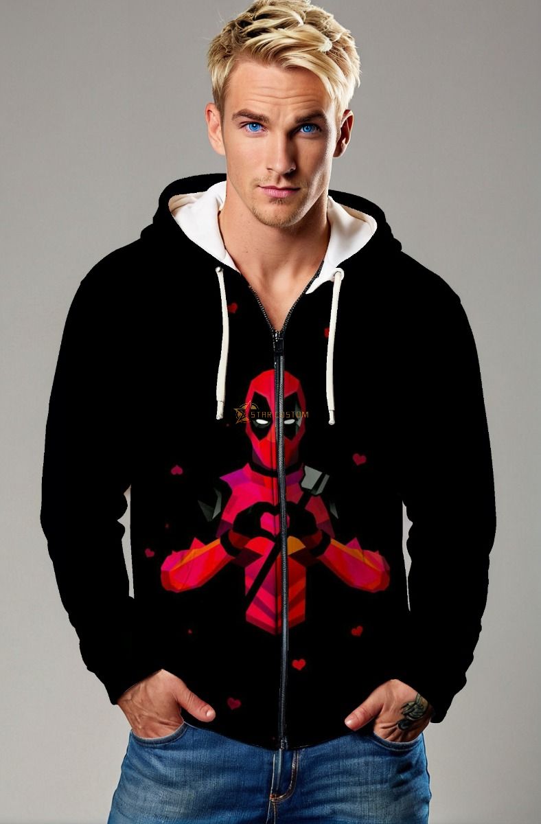 Black Deadpool Heart Hands Zip‑Up Hoodie – Versatile Comic Style