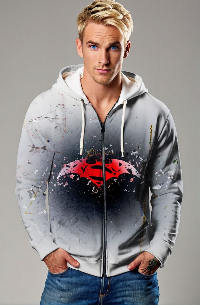 Light Gray Superman vs Batman Zip‑Up Hoodie – Edgy Hero Comfort