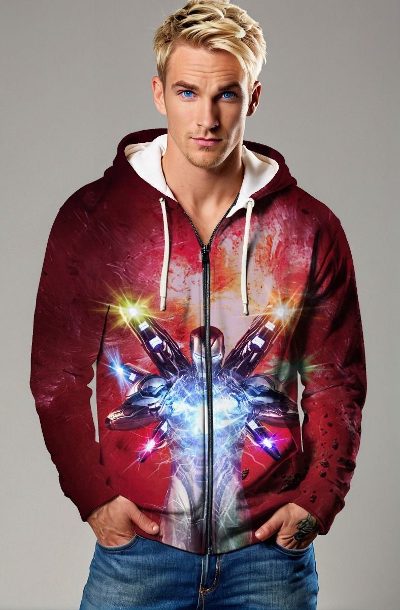 Wine Red Iron Man Arc Reactor Zip‑Up Hoodie – Tech Hero Comfort