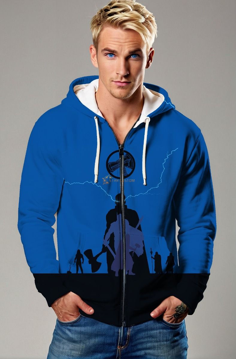 Blue Hero Silhouette & Stormbreaker Zip‑Up Hoodie – Dynamic Hero Gear