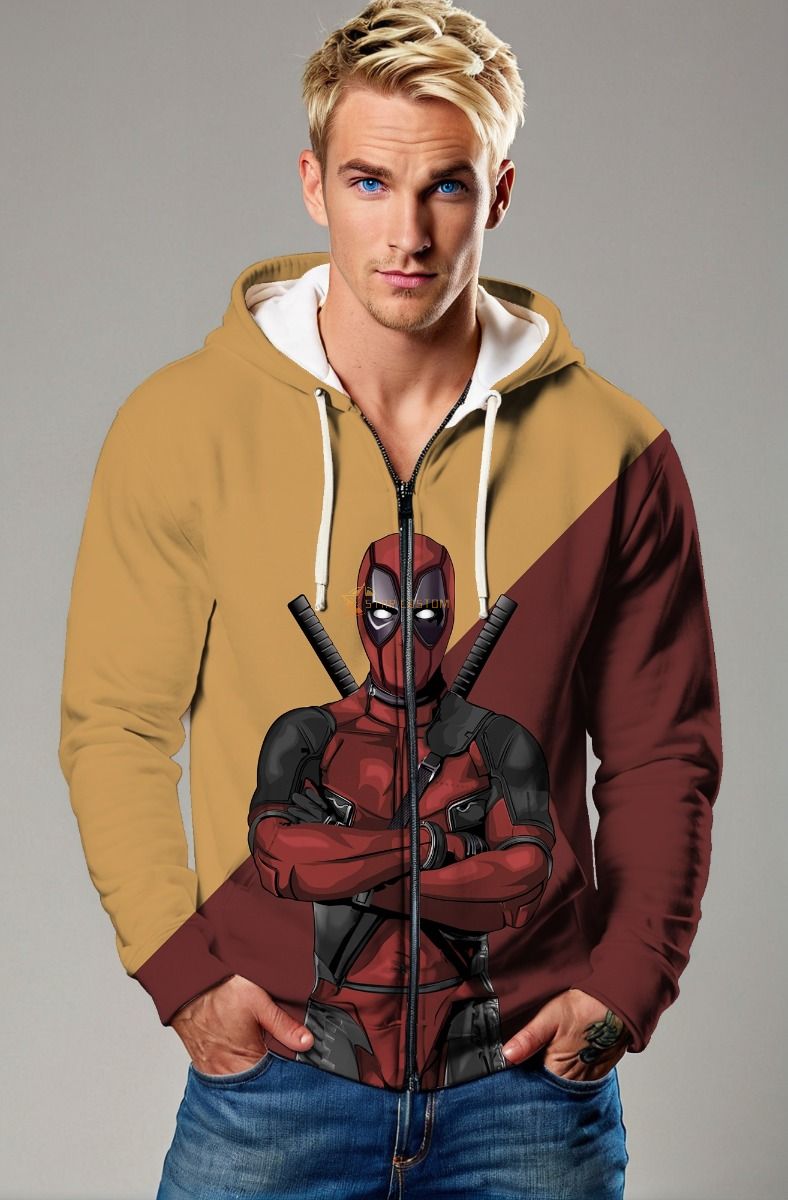 Deadpool Two‑Tone Zip‑Up Hoodie – Brown & Maroon Comic Edge