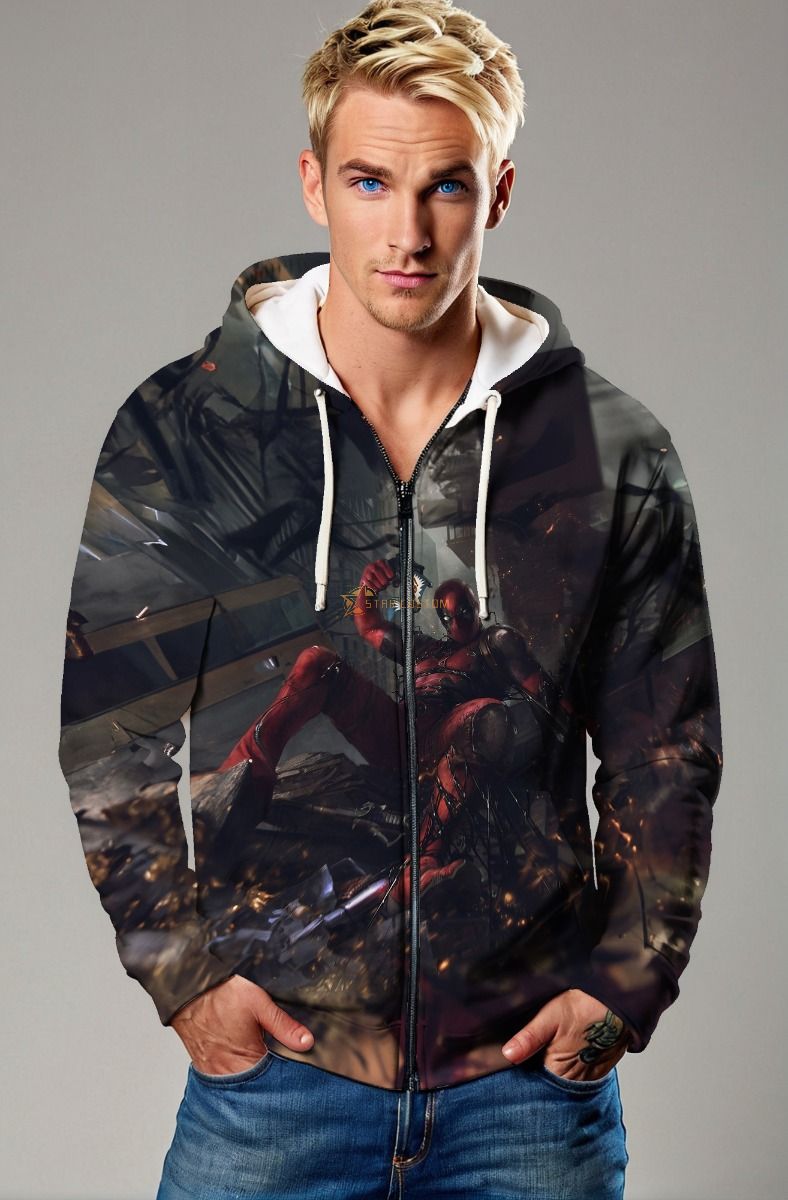 Deadpool Urban Chaos Zip‑Up Hoodie – Black Street Style