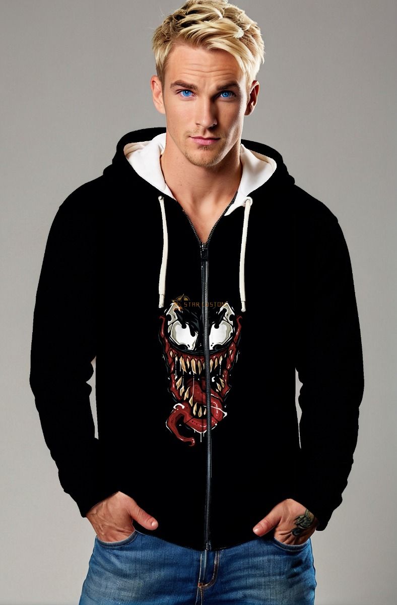 Venom Split Smile Zip‑Up Hoodie – Black Heroic Edge