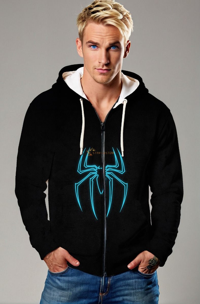 Neon Blue Spider Graphic Zip‑Up Hoodie – Sleek Black Design