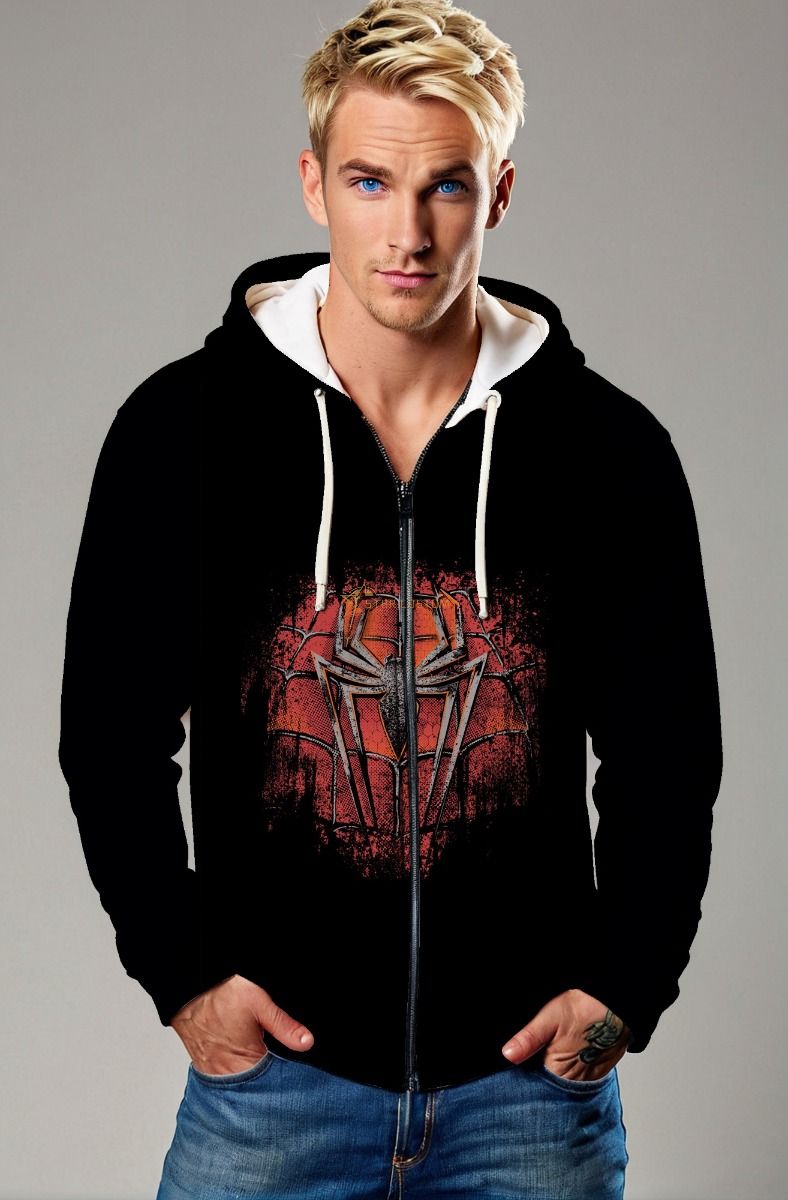 Black Zip‑Up Hoodie with Red Spider Emblem – Heroic Urban Style