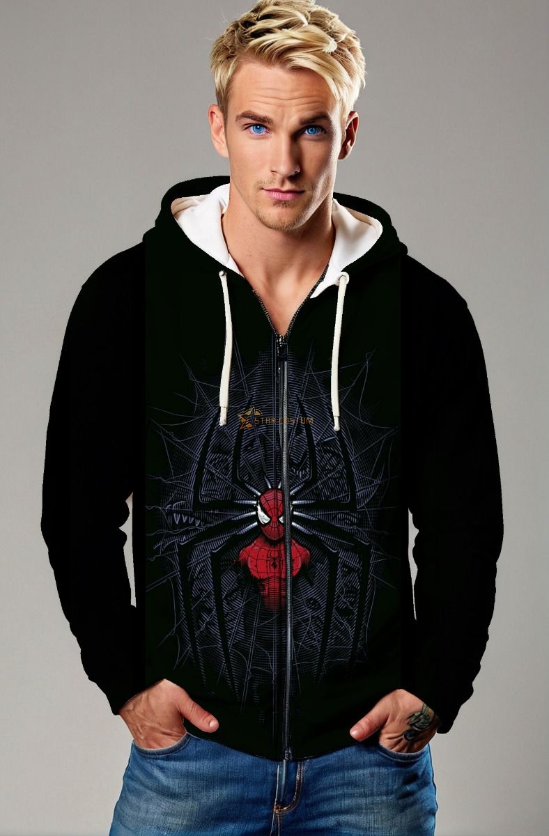 Black Zip‑Up Hoodie with Red Spider‑Web Design – Urban Hero Vibe