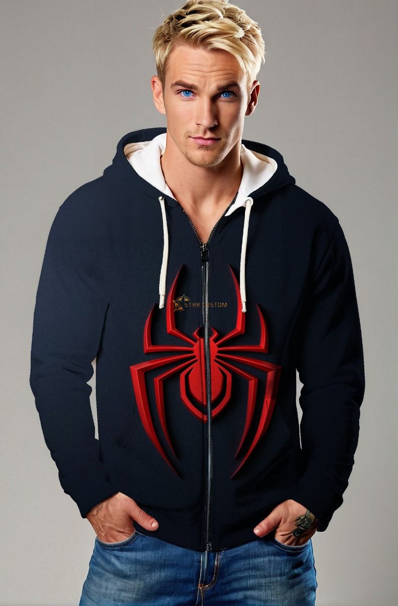 Black Zip‑Up Hoodie with Red Spider Design