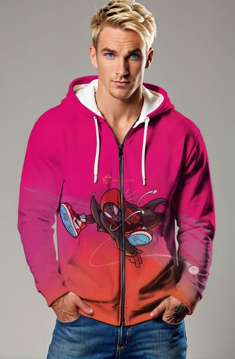 Bright Pink Gradient Zip‑Up Hoodie – Street Spider Vibe