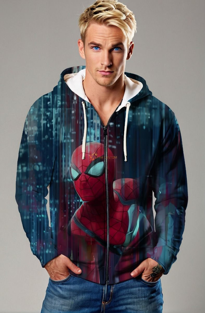 Dark Blue Tech‑City Spider Zip‑Up Hoodie