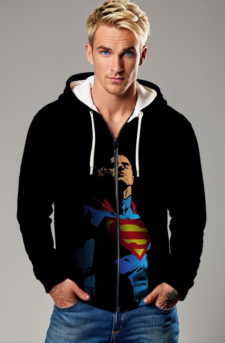 Black Superman Graphic Zip‑Up Hoodie