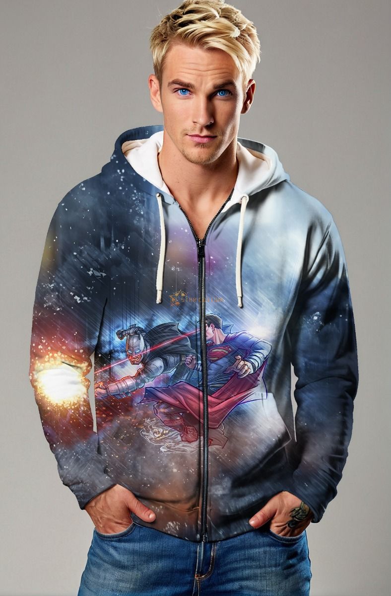 Dark Blue Superman Battle Graphic Zip‑Up Hoodie
