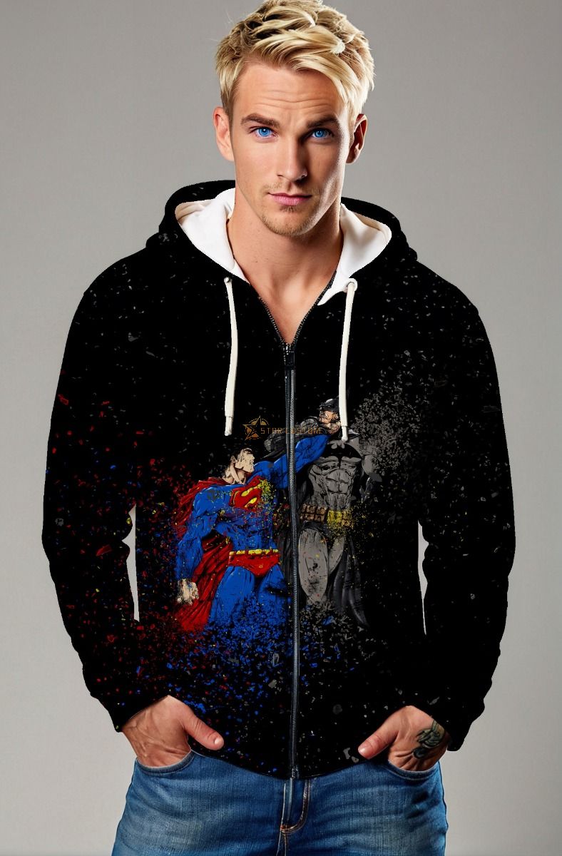 Black Superman vs Batman Battle Graphic Zip‑Up Hoodie