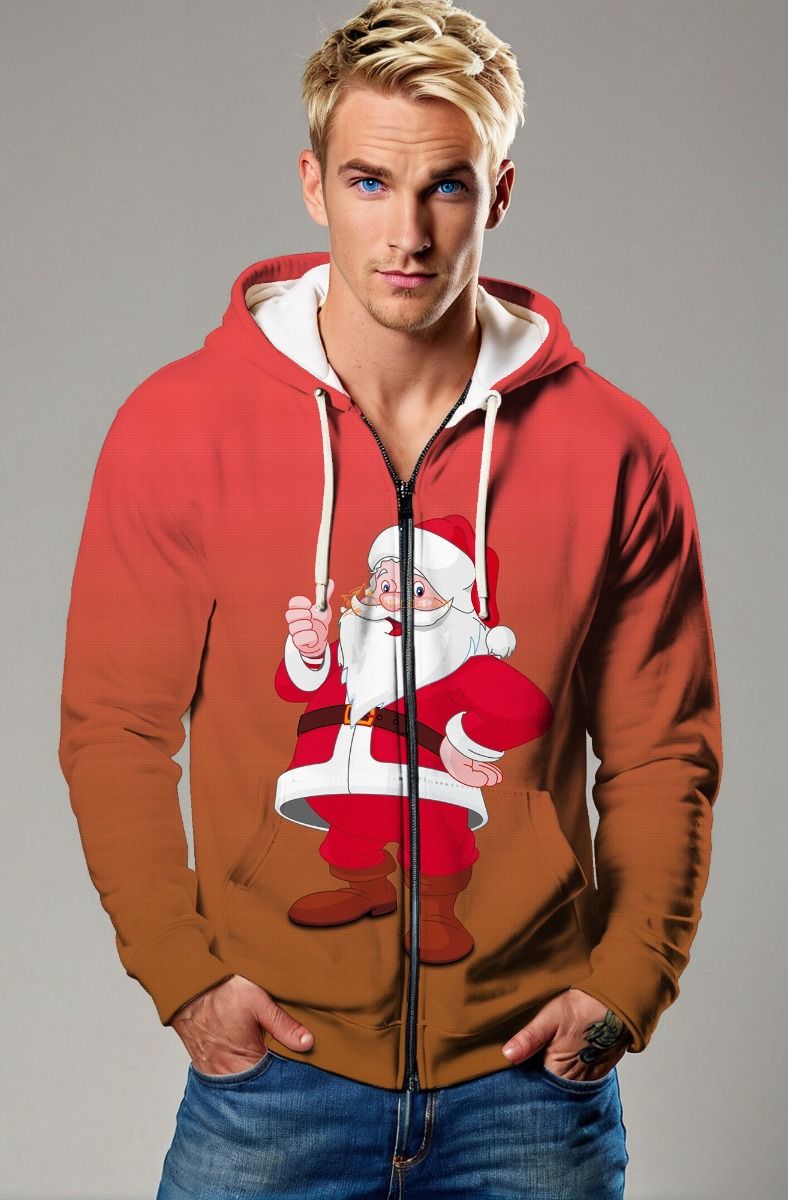 Red Santa Claus Cartoon Graphic Zip‑Up Hoodie