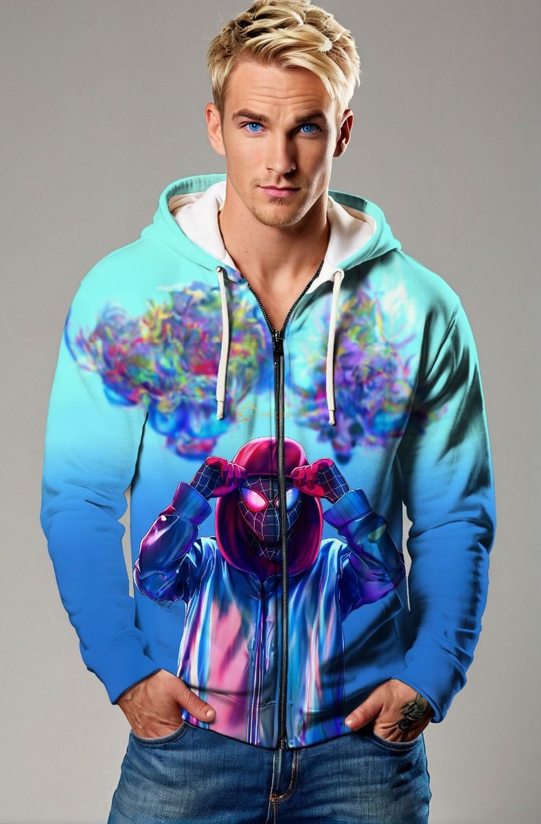 Bright Blue Urban Spider Graphic Zip‑Up Hoodie