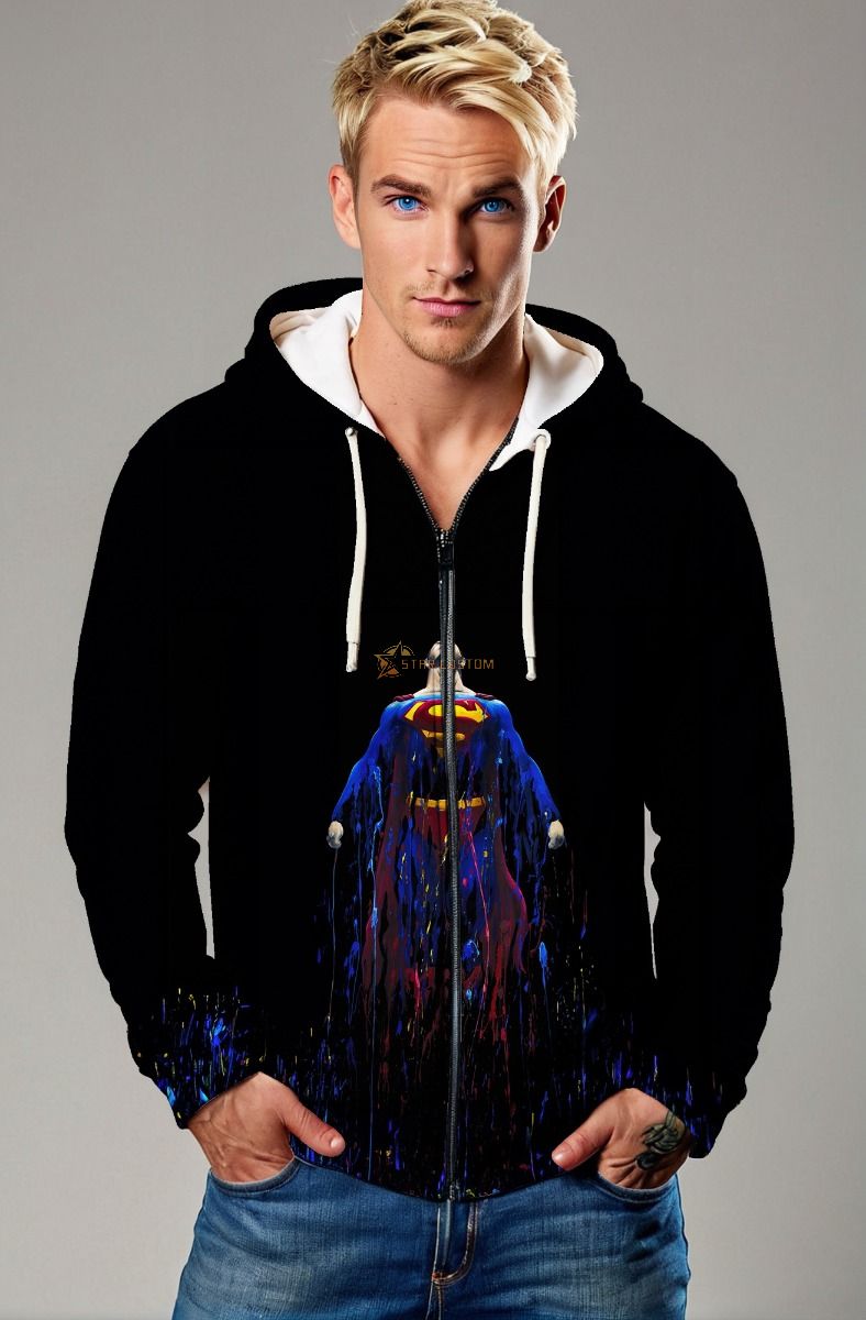 Black Superman Rising Art Zip‑Up Hoodie