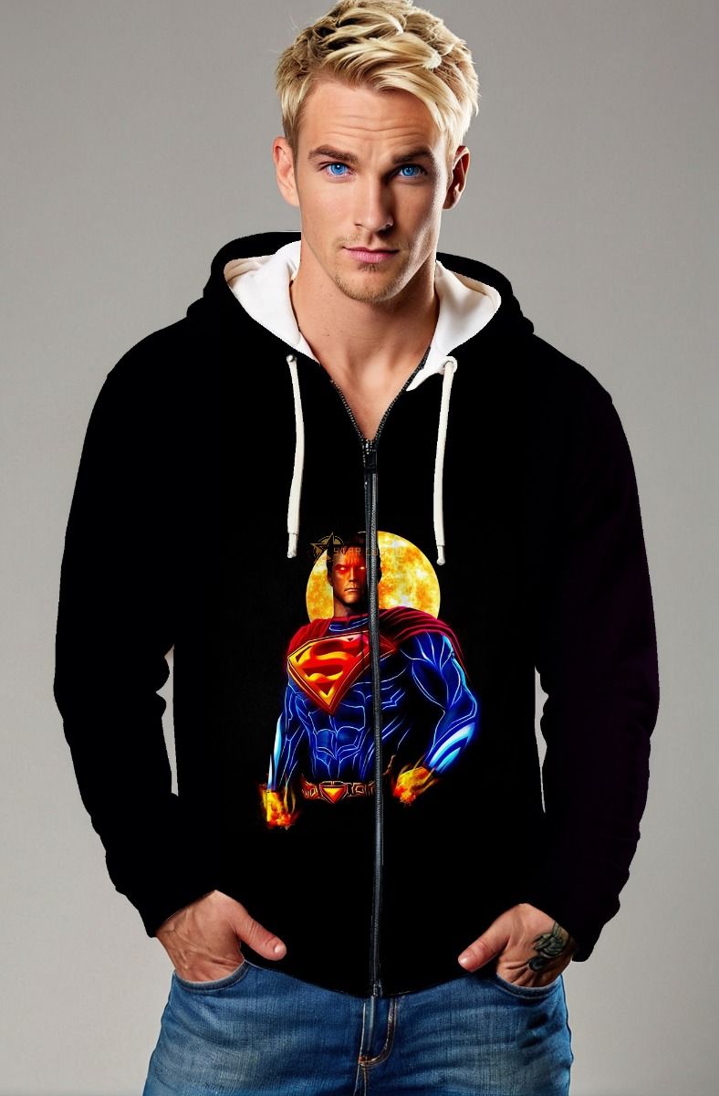 Black Fiery Superman Graphic Zip‑Up Hoodie