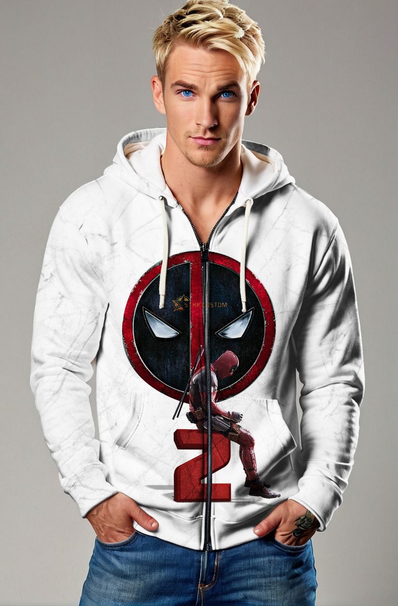 White Deadpool 2 Graphic Zip‑Up Hoodie