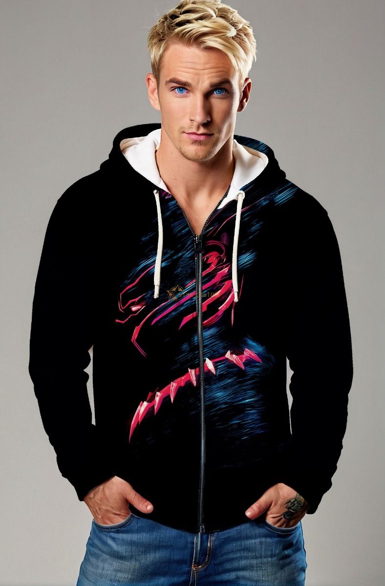  Black Panther Neon Zip‑Up Hoodie
