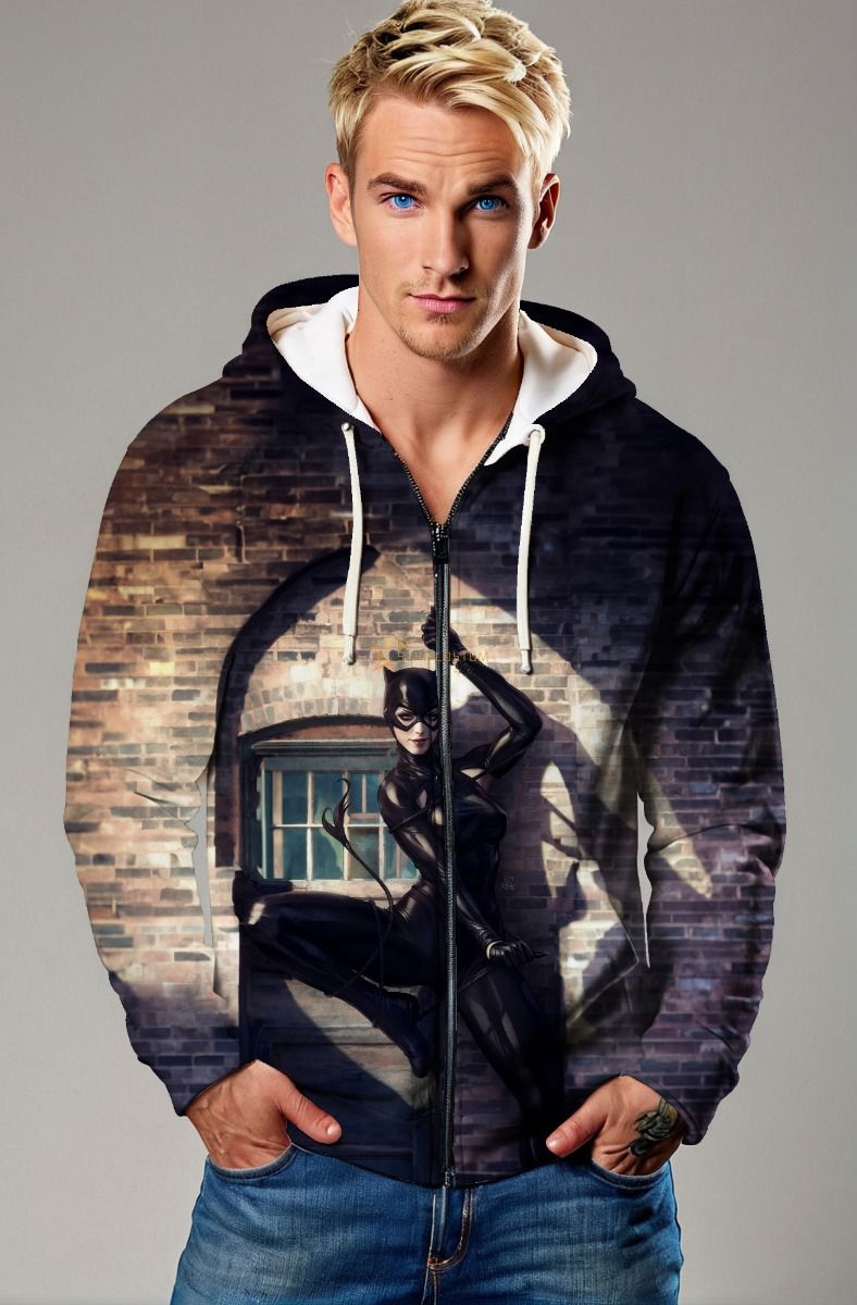 Black Catwoman Zip‑Up Hoodie