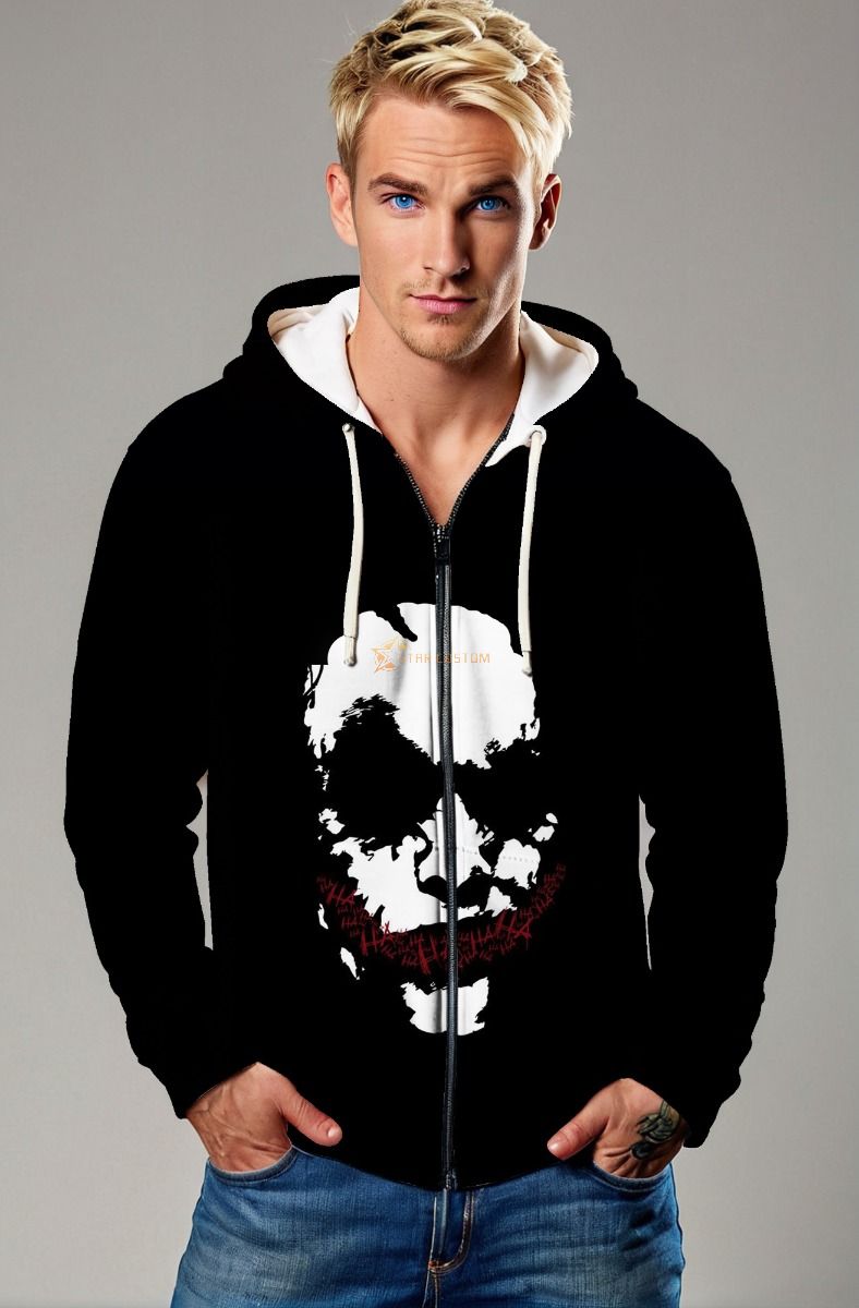 Black Joker Face Zip‑Up Hoodie