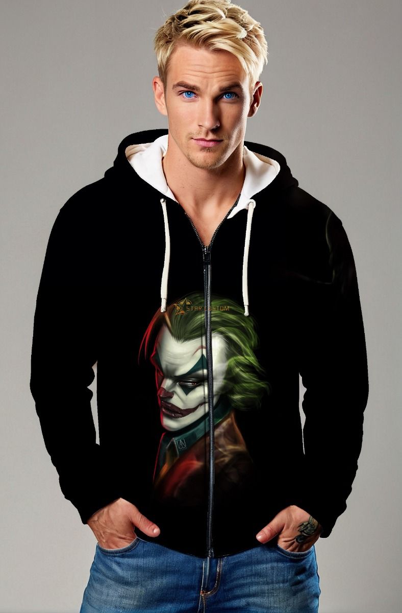 Black Joker Portrait Zip‑Up Hoodie