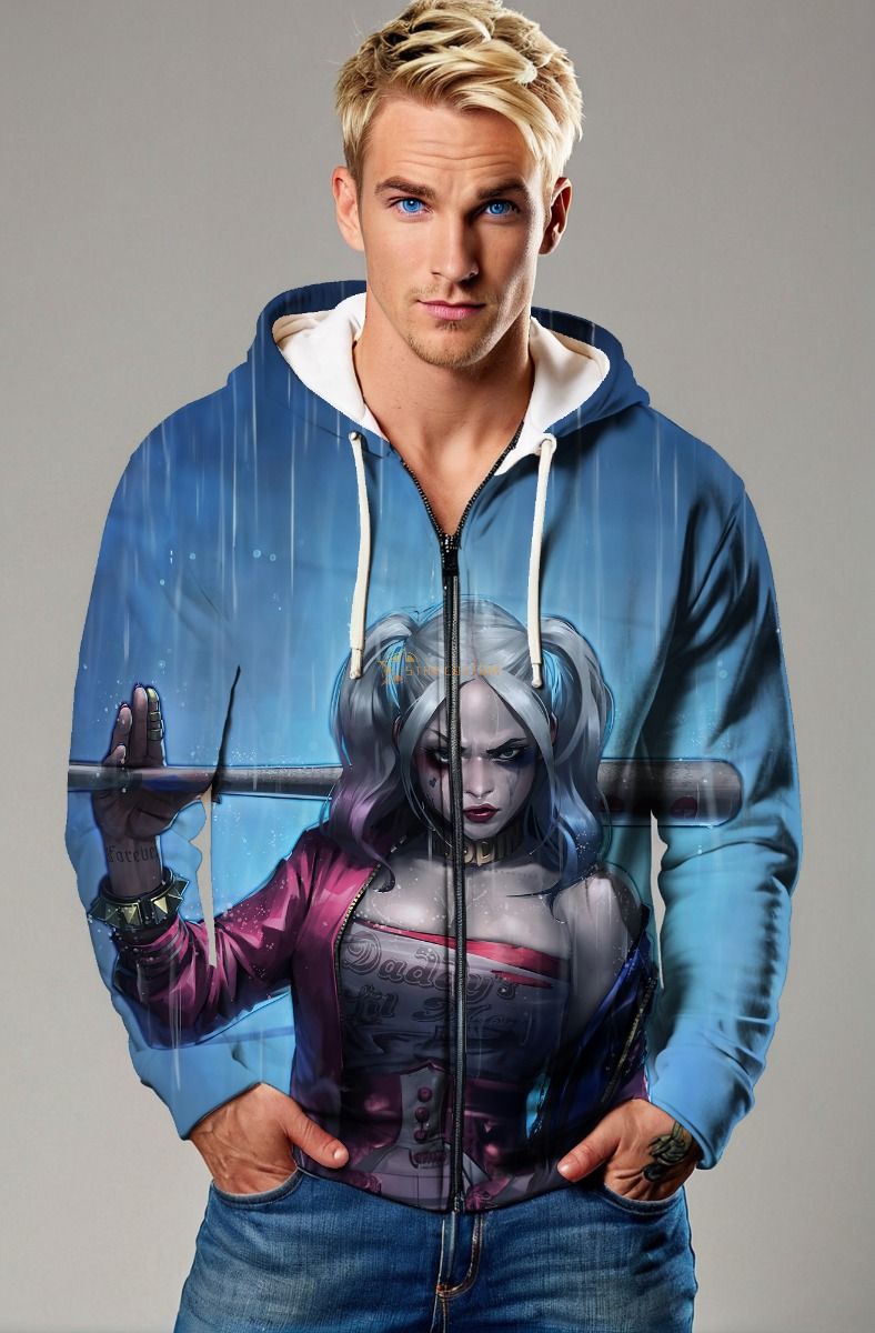Blue Harley Quinn Street Style Zip‑Up Hoodie