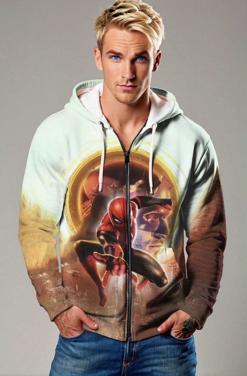 Light Gray Spider‑Man Action Zip‑Up Hoodie