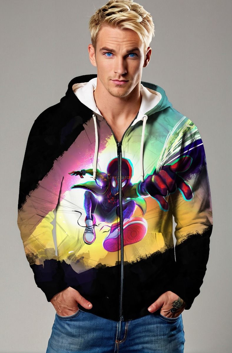 Black Spider‑Man Color Splash Zip‑Up Hoodie