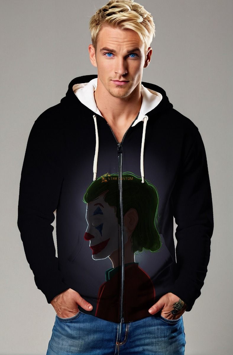 Black Joker Profile Art Zip‑Up Hoodie