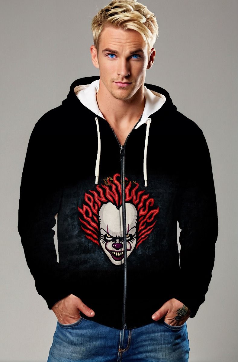 Black Horror Clown Zip‑Up Hoodie – Creepy Flame Hair Style