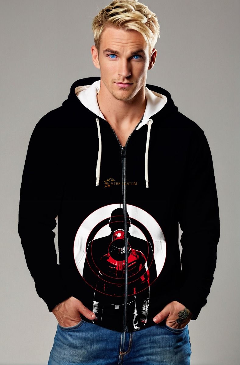 Black Minimalist Hero Target Zip-Up Hoodie – Precision Style