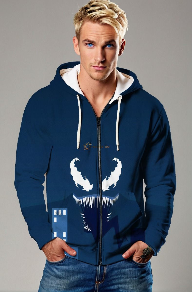 Deep Blue Venom Face Zip-Up Hoodie – Sinister Style Meets Comfort