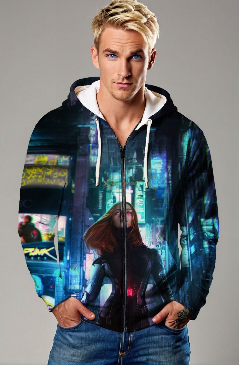 Deep Blue Cyberpunk Black Widow Zip-Up Hoodie