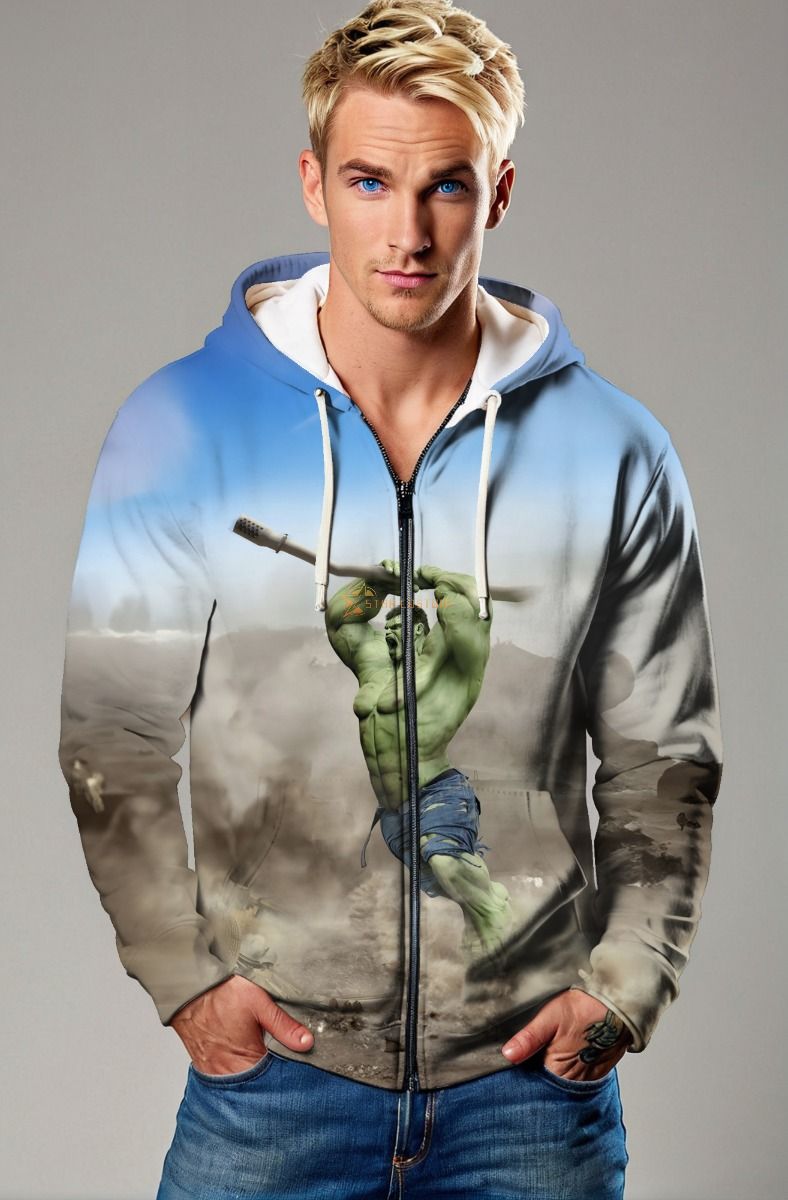 Storm Grey Zip-Up Hoodie – Hulk Battle Motion Print