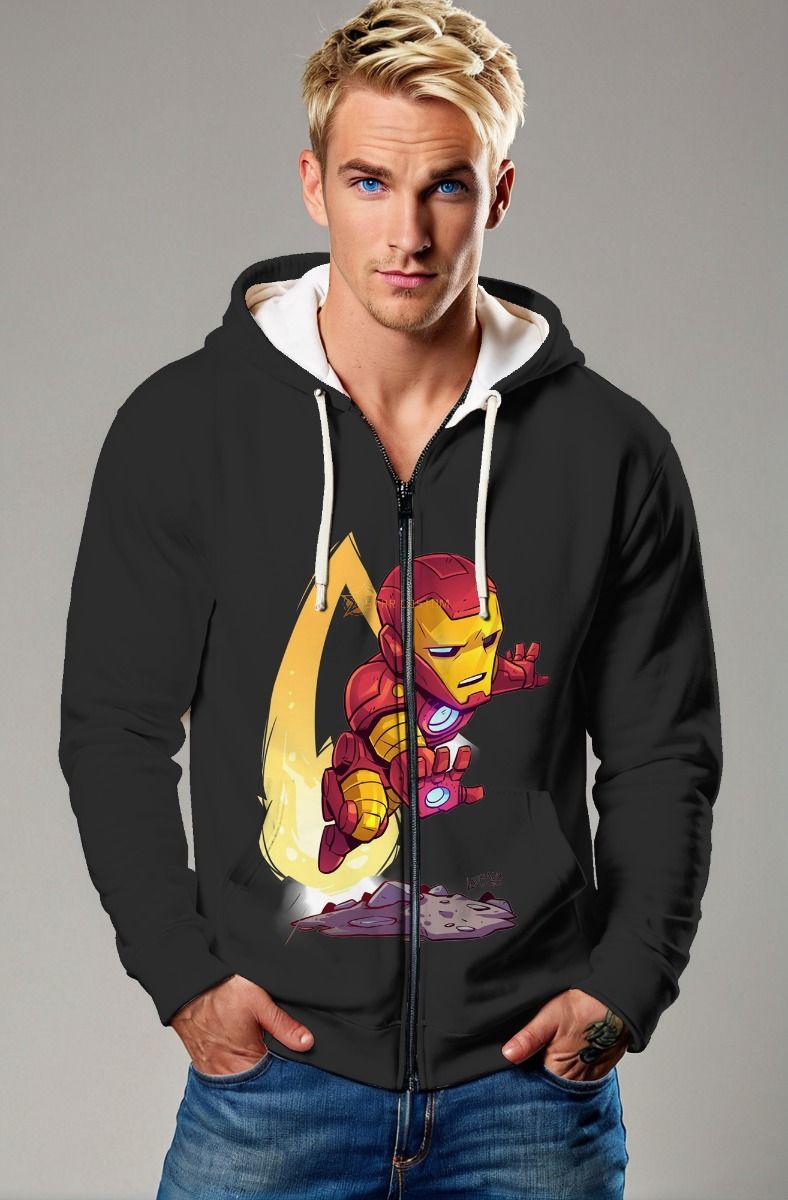 Jet Black Zip-Up Hoodie – Flying Iron Man Chibi Glow Print