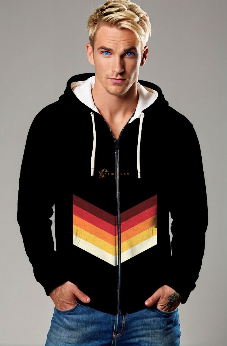 Black Vintage Chevron Zip Hoodie – Sunset Color V-Stripe