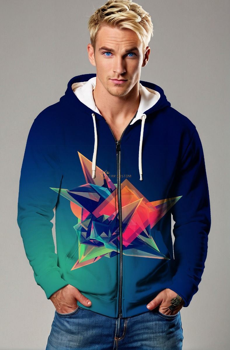 Blue to Teal Gradient Zip Hoodie – 3D Prism Pop Graphic