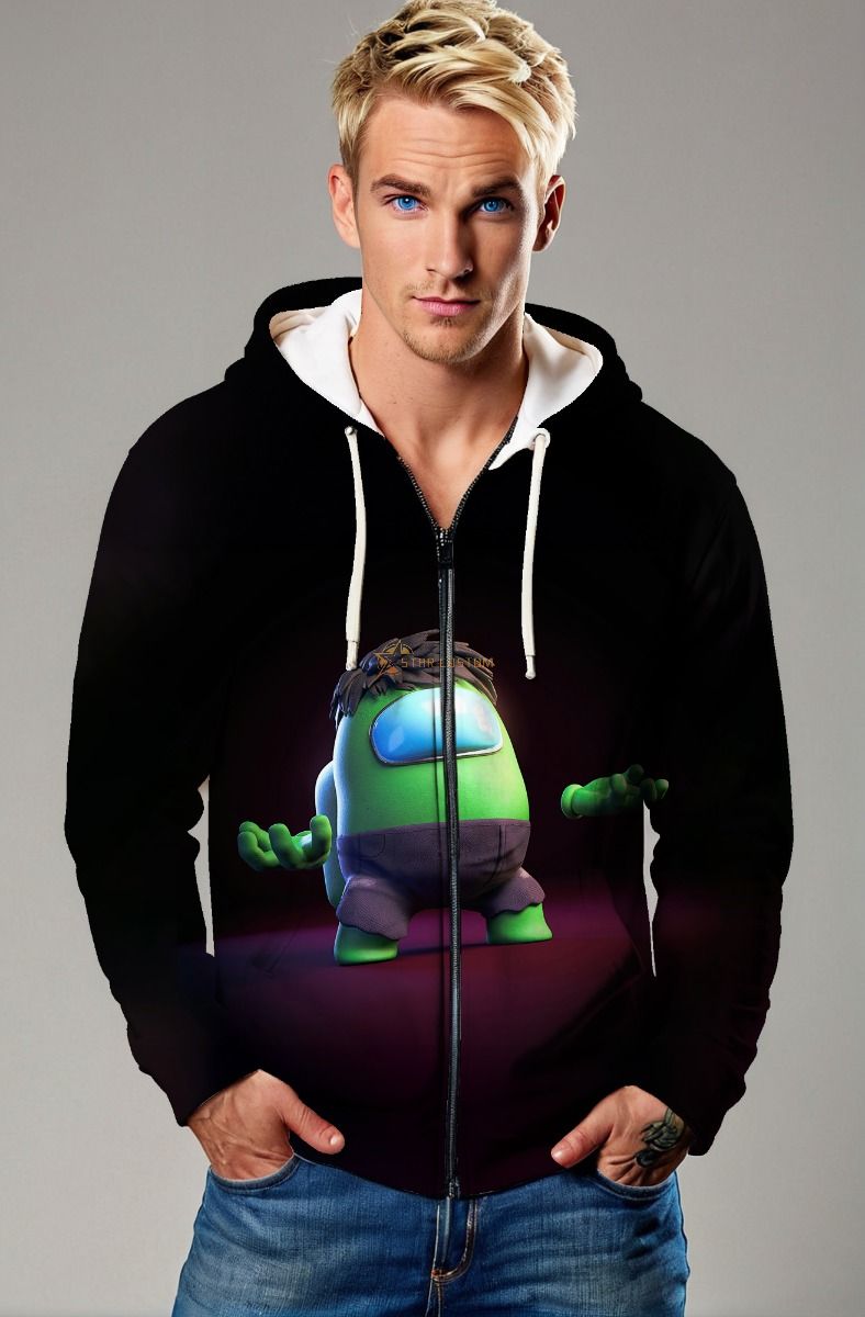 Green Alien Zip Hoodie – Cute Game-Inspired Graphic on Black