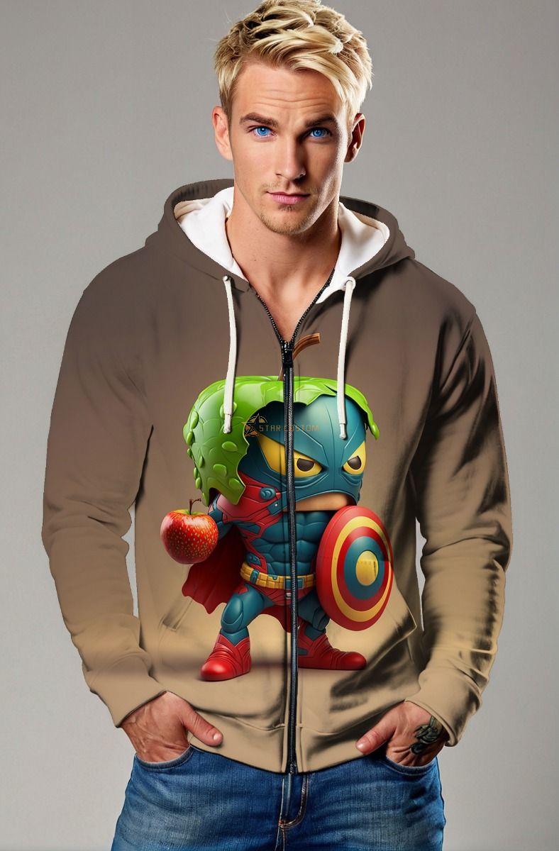 Khaki Zip Hoodie – Leafy Superhero with Apple & Cartoon Shield