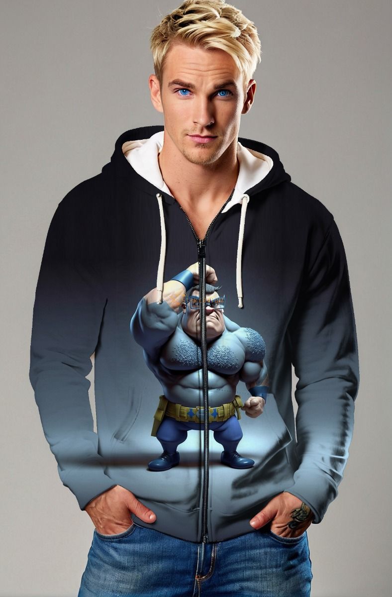 Navy Zip Hoodie – Flexing Cartoon Superhero in Blue Gradient