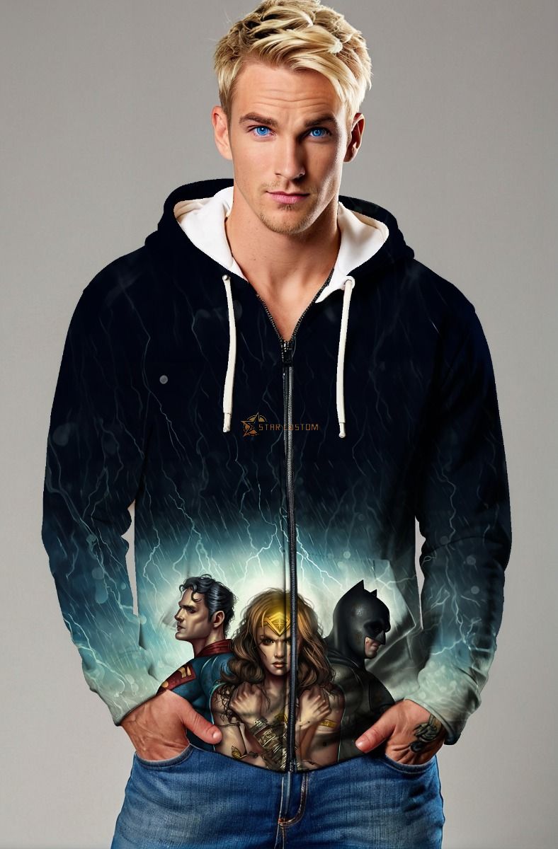 Black-Blue Zip Hoodie – Storm Scene with Wonder Woman, Batman & Superman
