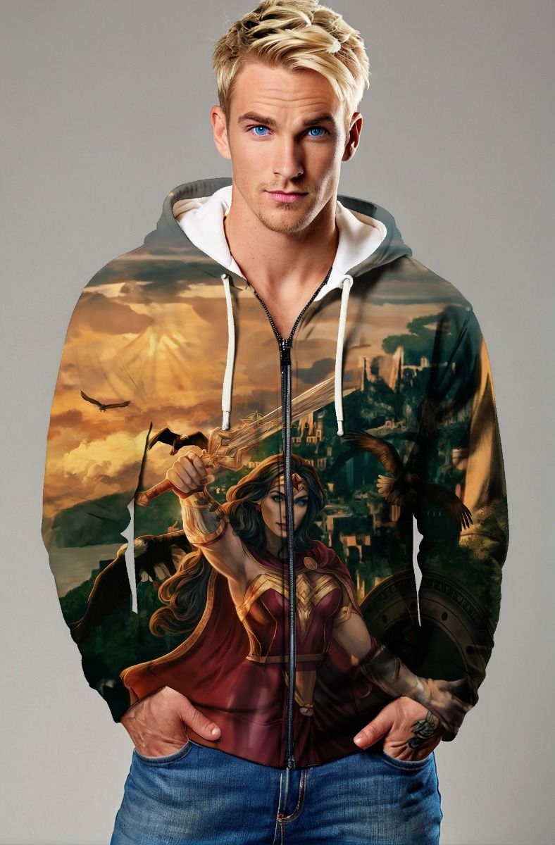 Golden-Red Zip Hoodie – Sunset Warrior Goddess Design