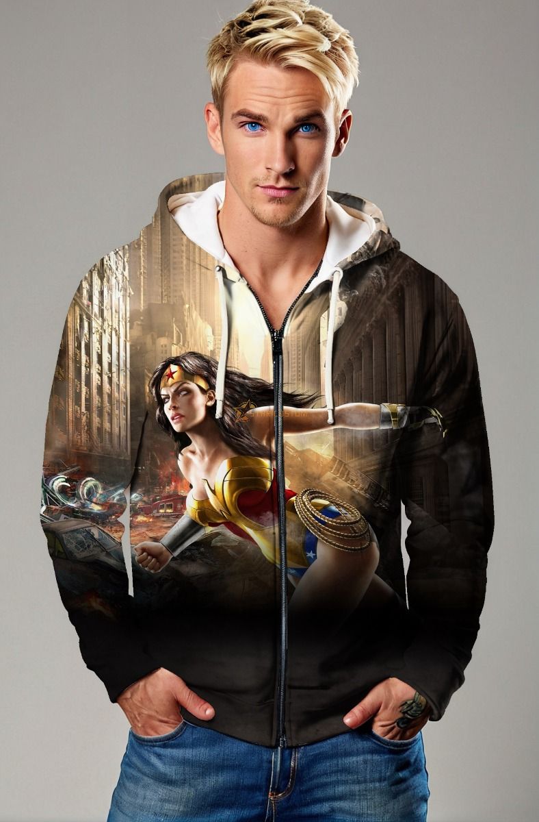 Golden-Red-Blue Zip Hoodie – Action Goddess in Apocalyptic City Scene