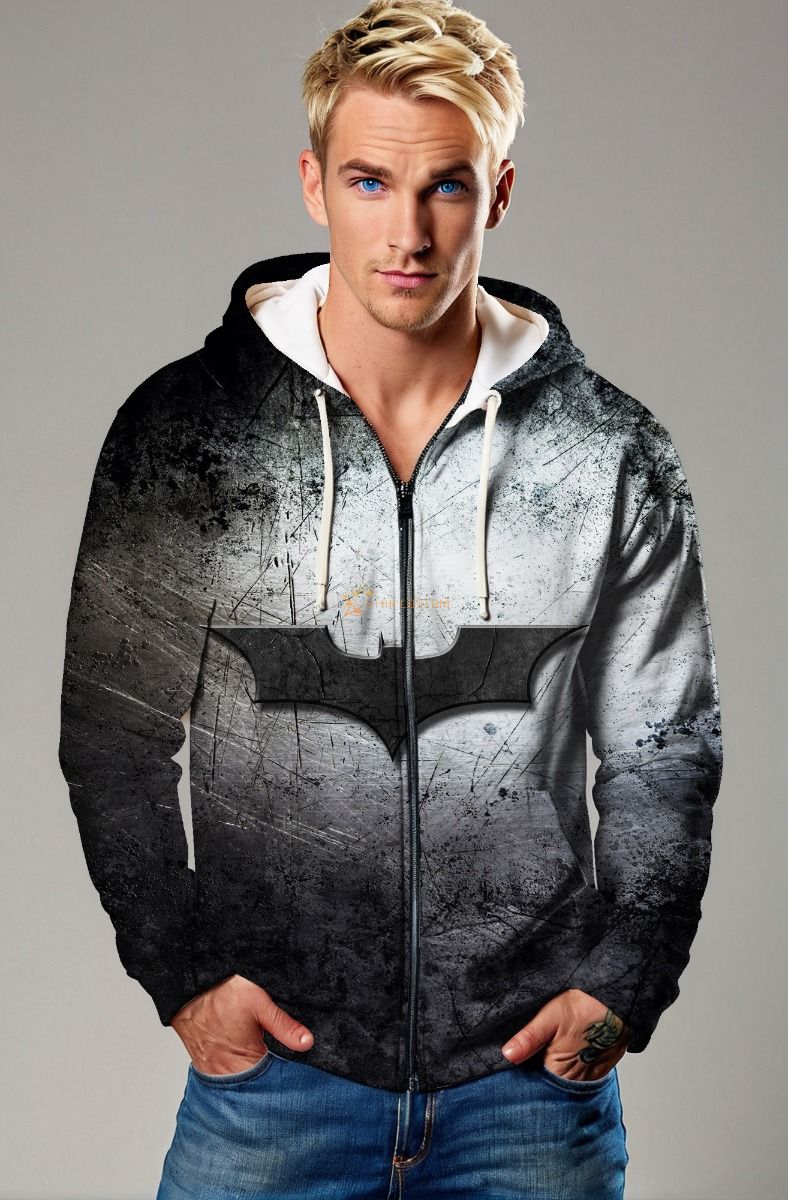 Black & Gray Zip Hoodie – Distressed Bat Symbol Aesthetic