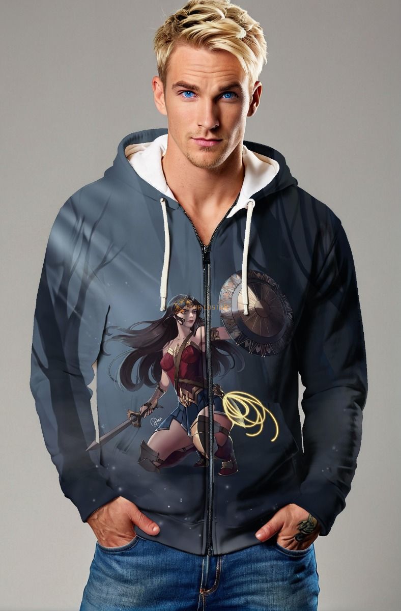 Deep Blue Zip Hoodie – Stylized Amazon Warrior Theme