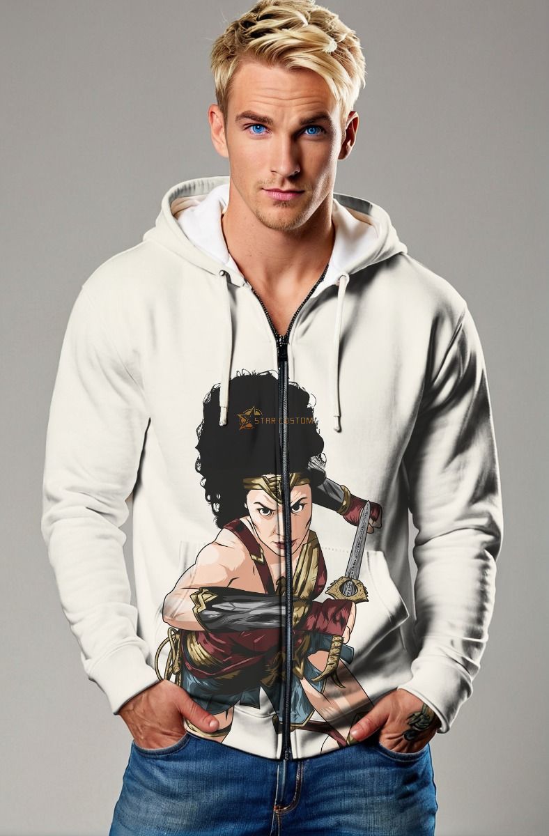 White Zip Hoodie – Afro Comic Warrior on Classic White