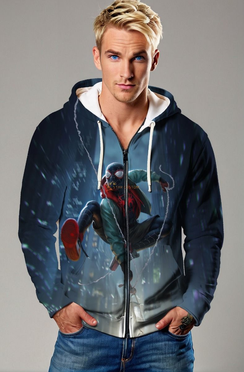 Dark Blue Zip Hoodie – Miles Morales Aerial Leap Graphic