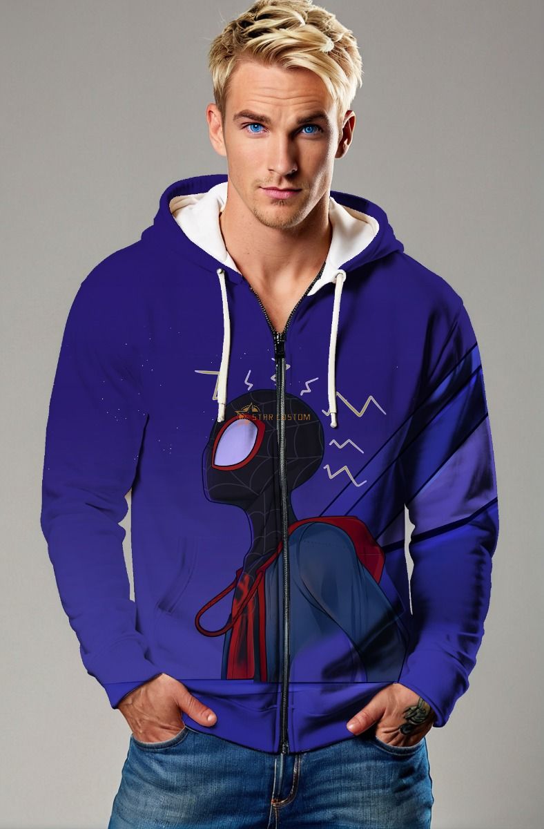 Purple Blue Zip Hoodie – Stylized Miles Morales Headshot