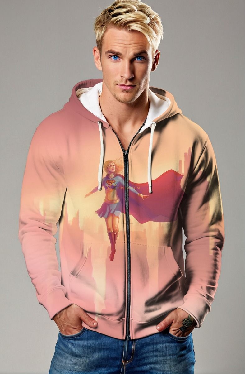 Peach Gradient Zip Hoodie – Artistic Supergirl with Cape